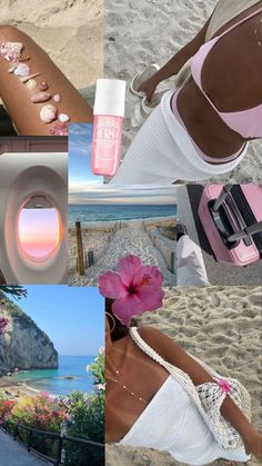 a collage of photos with pink and white flowers, beach scenes, and the ocean