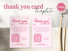 two pink cards with the words thank you card template on them next to a plant