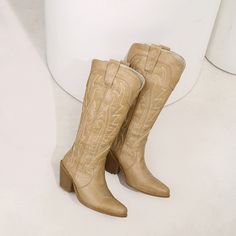 Shop Khaki Embroidered Western Cowgirl Boots Pointed Toe Block Heel Knee High Boots color Khaki for Music Festival, Night Club, Party with worldwide Free shipping & Free return. Western High Heel Knee-high Boots, Brown Embroidered Winter Boots, Winter Embroidered Heeled Boots With Round Toe, Embroidered Mid-calf Boots With Round Toe For Fall, High Heel Winter Festival Boots, Heeled Boots For Western-themed Winter Events, Fall Embroidered Round Toe Heeled Boots, Embroidered Heeled Boots With Round Toe For Fall, Embroidered Round Toe Heeled Boots For Fall