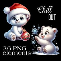 there are two white teddy bears playing with a christmas ornament on a black background