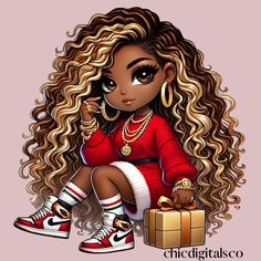 This unique holiday-themed chibi girl clipart features an African American woman with stunning ombré locs, golden accessories, and a chic red holiday sweater. Perfect for adding a festive touch to your digital designs, Christmas cards, planners, stickers, or holiday decor projects. The intricate details and rich colors make this clipart ideal for those looking to celebrate diversity and style this holiday season. Available for instant download in high resolution for use in personal or commercia Ombré Locs, Ombre Locs, Red Holiday Sweater, Black Baby Art, African American Christmas, Golden Accessories, Planners Stickers, American Christmas, Black Betty Boop