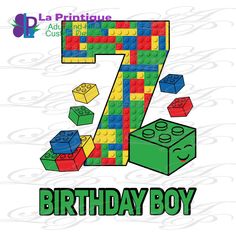 a birthday card with the number seven made out of lego blocks