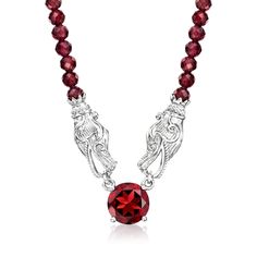 Ross-Simons - 3.90ct Garnet, 25.00ct t. w. Garnet Bead Necklace in Silver. 18". Exotic yet approachable, this unique dragon necklace adds a lively energy to your outfits with a fierce cultural symbol of strength and good luck. Twin sterling silver dragon heads present a fiery 3.90 carat round garnet gem from a cinnamon-red strand of 25.00 ct. t. w. round faceted garnet beads. Lobster clasp, garnet dragon necklace. Garnet birthstones are the perfect gift for January birthdays. Cinnamon Red, Dragon Heads, Garnet Birthstone, Garnet Gem, Dragon Necklace, Garnet Necklace, Fine Jewelery, Silver Dragon, Garnet Stone