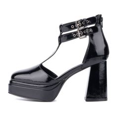 Featuring double platform heels and a t-strap style, you'll look stylish while also slaying! Dual buckle straps add a touch of flair while the zip closure adds convenience. The round toe gives an extra edge of sophistication, and the patent vegan leather brings quality that lasts. Trending Heels, Platform Block Heels, Fashion To Figure, Closed Toe Shoes, Faux Leather Heels, Shoes Heels Pumps, Strap Design, Look Stylish, Platform Pumps