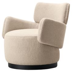 an upholstered chair with a black base