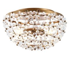 a flush light fixture with clear crystal beads on the bottom and gold trimmings