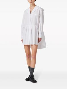 Miu Miu logo-embroidered Cotton Shirt Dress - Farfetch Miu Miu Sailor, Miumiu Dress, Shirt Dress White, Sailor Dress, Sailor Collar, Cotton Shirt Dress, White Shirt Dress, Mini Shirt Dress, Logo Embroidered