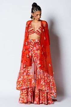 Shop for Rishi and Vibhuti Red Crepe Periwinkle Cape And Gharara Set for Women Online at Aza Fashions