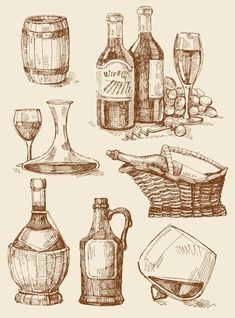 hand drawn wine bottles and glasses