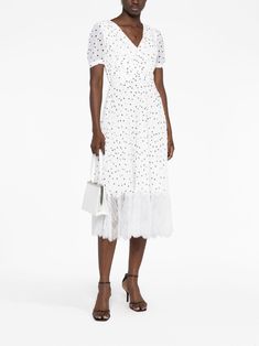 Self-Portrait lace-trim polka-dot Midi Dress - Farfetch Polka Dot Swiss Dot Midi Dress, Chic Polka Dot Dresses With Lace Trim, Elegant Swiss Dot Midi Dress, Elegant Swiss Dot V-neck Dress, Polka Dot Midi Dress For Summer Formal, Lace Midi Dress With Short Sleeves For Daywear, Short Sleeve Lace Midi Dress For Daywear, Formal Polka Dot Midi Dress For Summer, Polka Dot Midi Dress For Daywear