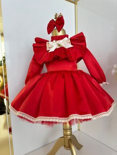 Red Victorian Baby Girl Satin Dress with Lace, Christmas Holiday Dress, Baby Puffy Dress, Baby Party Dress, Baby Dress for Special Occasion This red puffy dress is specially designed and handmade for your baby girl. Your girl will be like a princess with these dresses that she can wear on special occasions such as birthdays, weddings and christmas. This dress, which will create your girl's style with a clasp, is ideal for special occasions. Check out our baby girl dresses selection for unique ha Red Princess Dress With Bow For Dress-up, Christmas Princess Dress With Ruffles For Baptism, Christmas Baptism Princess Dress With Ruffles, Red Princess Dress For Baptism, Fitted Red Princess Dress For Baptism, Red Fitted Princess Dress For Baptism, Holiday Ruffles Princess Dress For Baptism, Holiday Baptism Princess Dress With Ruffles, Holiday Princess Dress With Ruffles For Baptism