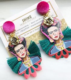 Frida Kahlo Earrings, Turquoise Bead Earrings, Big Statement Earrings, Frida Kahlo Art, Bold Earrings, Silver Earrings Handmade, Fabric Accessories, Seed Bead Earrings, Bijoux Diy