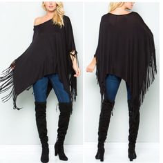 Black Fringe Hem Poncho. Can Be Worn On Or Off Shoulder. Lightweight Sizes M, L & Xl Black Batwing Sleeve Poncho For Spring, Fringed Long Sleeve Poncho For Fall, Long Sleeve Fringe Poncho For Fall, Fringe Long Sleeve Poncho For Fall, Long Sleeve Fringe Poncho, Spring Black Outerwear With Batwing Sleeves, Spring Black Batwing Sleeve Outerwear, Black Oversized Chic Poncho, Chic Batwing Sleeve Poncho For Fall