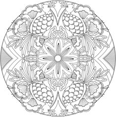 a circular design with flowers and leaves in black and white, on a white background