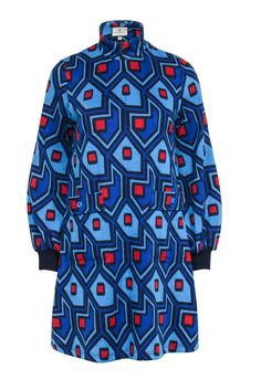 Current Boutique-Tuckernuck - Blue & Red Geometric Print Long Sleeve Knit Dress Sz S Black Mules, Geometric Print Dress, Long Sleeve Knit Dress, Ribbed Knit Dress, Terry Fabric, Comfy Sweatshirt, Body Dress, Mock Neckline, Dress 16