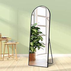 a large mirror sitting on top of a hard wood floor next to a potted plant