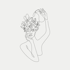 a line drawing of a woman holding flowers