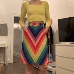 Pink, Purple, Blue, Green, And Yellow Rainbow Chevron Knee Length A-Line Skirt. Has Pockets, Belt Loops, A Hot Pink Zipper, And Rainbow Button Modcloth Xxs New Without Tags Never Worn Retro Fitted Skirt For Day Out, Fitted Multicolor Casual Skirt, Casual Multicolor Fitted Skirt, Casual Fitted Multicolor Skirt, Multicolor Mini Bottoms For Day Out, Multicolor Mini Length Bottoms For Day Out, Multicolor Stretch Skirt For Spring, Spring Multicolor Stretch Skirt, Multicolor Cotton Skirt For Day Out