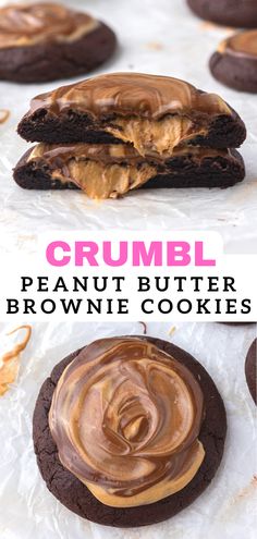 peanut butter brownie cookies are stacked on top of each other with the words crumbl