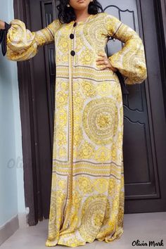 Olivia Mark - Womens Yellow Casual Print Patchwork O Neck Long Sleeve Dress Dubai Abaya Fashion, Female Office, Dubai Abaya, Latest African Fashion Dresses, Abaya Fashion, Long Sleeve Maxi, Yellow Fashion, Women Long Dresses, African Fashion Dresses