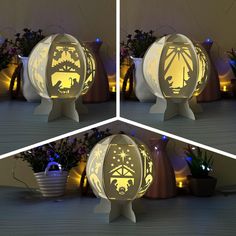 three different views of a paper lantern in the shape of a christmas ornament