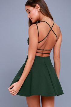 Lulus Exclusive! The Lulus Believe in Love Forest Green Backless Skater Dress will make a romantic out of you! Medium-weight stretch knit shapes a princess-seamed bodice, with a plunging neckline, and strappy, open back. Fitted waist flares into a flirty skater skirt. Hidden back zipper. Fitted A-line Dress With Crisscross Straps, Fitted Backless Mini Dress With Straps, Fitted Backless Dress With Built-in Bra For Spring, Green Mini Dress With Fitted Bodice For Date Night, Green Fitted V-neck Backless Dress, Fitted Backless Dress With Sweetheart Neckline And Tie Back, Fitted Backless Dress With Tie Back And Sweetheart Neckline, Fitted Mini Dress With Tie Back And Sweetheart Neckline, Green Mini Dress With Straps