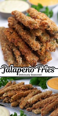 there are several different types of fried food on this plate and in the background is an advertisement for jalapeno fries