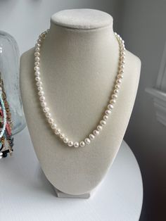 Hand knotted on a light pink silk thread. Adjustable Cream Necklace, Adjustable Hand Knotted Necklaces, Elegant Hand Knotted White Jewelry, White Hand Knotted Necklace Gift, Pearls Necklace, Freshwater Pearl Necklaces, Silk Thread, Beaded Necklaces, Pink Silk