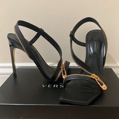 Size 39 (9 Women’s) Worn Once, No Wear On The Leather Or Hardware. Almost Perfect Condition Chic High Heel Sandals With Zipper Closure, Chic Open Toe Heels With Zipper Closure, Leather Heels With Zipper Closure For Evening, Chic Heels With Zipper Closure For Night Out, Formal Heels With Zipper Closure, Formal Open Toe Heels With Zipper Closure, Elegant Black Heels With Zipper Closure, Chic Evening Heels With Zipper Closure, Versace Shoes