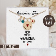 A personalized necklace for your Grandma or Grandmother to be with their grandkids birthstones and birth date. This Necklace makes the perfect gift from a child or grandchild. Make you grandma feel extra special with this ready made gift for their birthday or Christmas. ✨HOW TO ORDER NECKLACE 1. Select your necklace finish and chain length from the dropdown menu. 2. Select the number of birthstones from the dropdown menu. 3. Type your desired birth stones/months in the personalization box along Customizable Keepsake Jewelry For Mother's Day, Mother's Day Birthstone Necklace Personalized Gift, Mother's Day Gift Birthstone Necklace With Birth Flower, Customizable Birthstone Necklace For Valentine's Day Gift, Customized Charm Necklaces As Mother's Day Gift, Mother's Day Gold Birthstone Necklace With Name, Mother's Day Birthstone Necklace With Birth Flower For Anniversary, Customizable Gold Birthstone Necklace For Mother's Day, Mother's Day Keepsake Jewelry With Hallmark