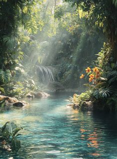 a river surrounded by lush green trees and flowers in the middle of a jungle area