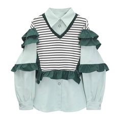 Women's Shirt Chic Vintage Blouses Casual Polo-Neck Long Sleeve Loose Female Striped Patchwork Blouses Fake Two Pieces - Hot fashionista Waistcoat Sweater, Solid Dress Casual, Vintage Blouses, Blouses Casual, Dopamine Dressing, Patch Work Blouse, Linen Bottoms, Striped Vests, Formal Dresses With Sleeves