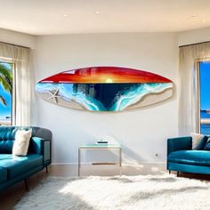 a living room with two couches and a surfboard on the wall above them