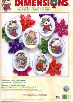 cross stitch christmas ornaments with teddy bears and snowflakes in the center, set of 6