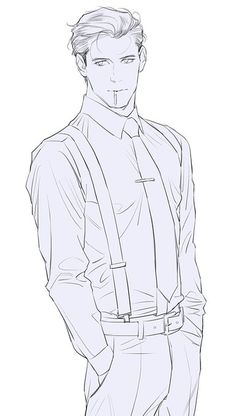 a black and white drawing of a man wearing suspenders with his hands in his pockets