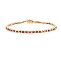 This is part of Chairish’s Fine Jewelry assortment.  This Ruby and Diamond Sleek Tennis Bracelet in 18K gold showcases 1.7 carats endlessly sparkling natural ruby and 1.26 carats of diamonds. It measures 7.5 inches long in length.  Ruby improves mental strength.  Designed with perfect square cut ruby alternatingly set with a diamond to make you stand out on any occasion or event. The elegant style complements the attire beautifully and is a perfect Engagement Gift, Bridal Shower Gift, Gift For L Perfect Engagement Gifts, Perfect Squares, Mental Strength, Bridal Shower Gift, Square Cut, Natural Ruby, Bridal Shower Gifts, Tennis Bracelet, Engagement Gifts