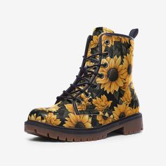 *Please check carefully the size chart! Sunflower Combat Boots, Vegan Leather, Floral Casual Leather Lightweight boots MT. Rubber sole Faux Leather Padded collar for added comfort Lace-up front Wide Fit Winter Floral Print Boots, Casual Winter Boots With Floral Print, Yellow Platform Boots For Fall, Fall Floral Print Boots With Round Toe, Insulated Round Toe Lace-up Boots For Fall, Yellow Insulated Boots With Round Toe, Insulated Lace-up Boots With Round Toe For Fall, Insulated Combat Boots With Round Toe For Fall, Yellow Insulated Round Toe Boots