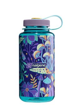 a blue jar with purple flowers and green leaves on the lid that says magene