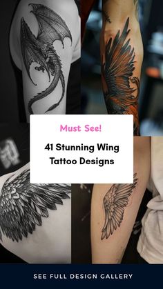 four different tattoo designs with the words must see on each arm and shoulder, all in black