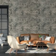 a living room with two chairs and a couch in front of a wall that has a concrete texture