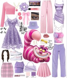 This is a collage of clothing inspirations to create a DIY Cheshire Cat halloween costume. It includes lots of pink and purple, as well as stripes and smiles. Disney Character Themed Birthday Party, Chesire Cat Inspired Outfit, Chesire Cat Aesthetic Outfit, Cheshire Cat Outfits, Outfits Inspired By Alice In Wonderland, Alice And Wonderland Outfit Ideas, Chesire Cat Costume Aesthetic, Cheshire Cat Outfit Aesthetic, Disney World Character Outfits