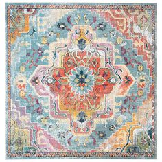 a colorful rug with an ornate design on the front and back side, in various colors