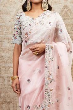 Shop for Prisho Pink Floral Embroidered Saree With Blouse for Women Online at Aza Fashions Saree Organza, Floral Saree, Organza Blouse, Blouse Silk, Embroidered Saree, Blouse For Women, Pink Saree, Saree With Blouse, Blouse Online