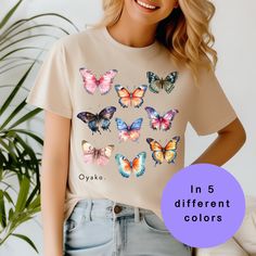 The Butterfly Shirt is a colorful moth T-shirt designed for adults and available in unisex sizing. This vintage-style T-shirt is perfect for animal lovers and makes a unique birthday gift for her. Featuring a beautiful monarch butterfly design, it is also an ideal gift for mom. Welcome to Oyako Designs! At Oyako Design, where inspiration stems from family and is tailored for you, we blend sophistication with unique style. Our specialty lies in crafting premium shirts that combine comfort, durabi Casual Pink T-shirt With Butterfly Print, Multicolor Graphic Tee T-shirt As Gift, Summer T-shirt With Sublimation Print For Gift, Cute Butterfly Print Short Sleeve T-shirt, Cute Butterfly Print Crew Neck T-shirt, Cute Short Sleeve T-shirt With Butterfly Print, Summer T-shirt With Sublimation Print As Gift, Multicolor Graphic Tee T-shirt For Gift, Summer Gift T-shirt With Sublimation Print