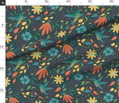 an image of a fabric with flowers and birds on it in blue, green, orange and yellow colors