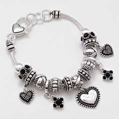 Style No : [264006] Mbb06450-As-Jet-1"H Color : Silver Burnished Theme : Heart Marcasite Heart Full Charm Bead Bracelet Size : 1" H, 7 1/2" + 1/2" L Heart Clasp Closure L Heart, Charm Bead Bracelet, Bead Charm Bracelet, Bead Bracelet, Bracelet Sizes, Womens Jewelry Bracelets, Pandora Charm Bracelet, Bead Charms, Silver Gold