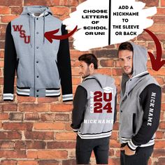 Order Your Custom year 12 or School Leavers class Bomber jacket with us Makes for a perfect End of year Class of Gift Personalise your Class of Varsity Jacket or Graduation Gift using your school or university colours  Price includes Back print only.  How To Order: 1. Choose the Colour and size of the Jackets you would like. 2. Price includes Print on the back (Choose x2 Colours changed on request )  3. Add on Chest design and Nickname by sending us a message. 4. Jackets may be customised furthe Collegiate Winter Varsity Jacket With Letter Print, Winter Collegiate Varsity Jacket With Letter Print, Collegiate Winter Outerwear For School, Varsity Long Sleeve Windbreaker For College, Team Name Outerwear For Fall, Winter School Spirit Outerwear For College, Hooded Varsity Jacket With Pockets, College Team Name Varsity Jacket For Winter, Varsity Style Letter Print Windbreaker For College