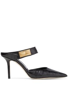 black calf leather embossed crocodile effect gold-tone logo plaque pointed toe slip-on style branded leather insole 85mm high stiletto heel leather sole Wedding Dress Sandals, Mule Sandals, Leather Mules, Dress Sandals, Metallic Leather, Mule Clogs, Mules Shoes, Womens High Heels, Stiletto Heel