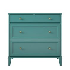 a blue dresser with three drawers and gold knobs on the bottom, against a white background