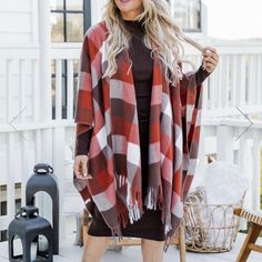 {Pink Lily} Women’s Plaid Poncho New In Original Packaging Size: One Size Details: Rust Plaid Poncho Fabric Has No Stretch, Slight Oversized Fit Fringe Hems Unlined Os From Shoulder To Hem: 28.5" Material: 100% Acrylic Casual Pink Poncho For Fall, Oversized Red Cape For Fall, Cozy Pink Poncho For Fall, Pink One-size Poncho For Fall, Pink One Size Poncho For Fall, Pink Shawl Poncho For Winter, Fall Red Shawl Cape, Red Shawl Cape For Fall, Casual Red Cape For Fall